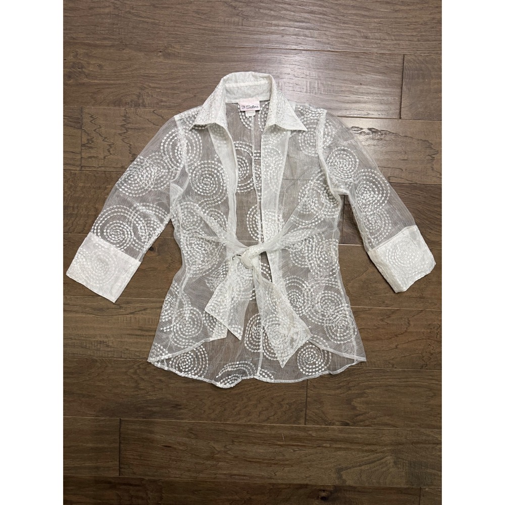 3 Sisters Blouse Women M White 100% Silk Spiral Sheer Tie Front Elegant Top
